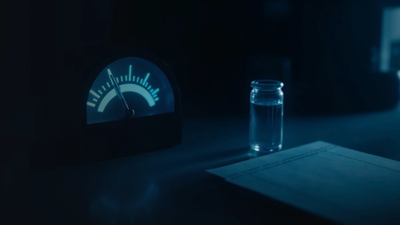 En glødende cyan gasmåler og abstrakte målere på et mørkt navyblåt skrivebord.