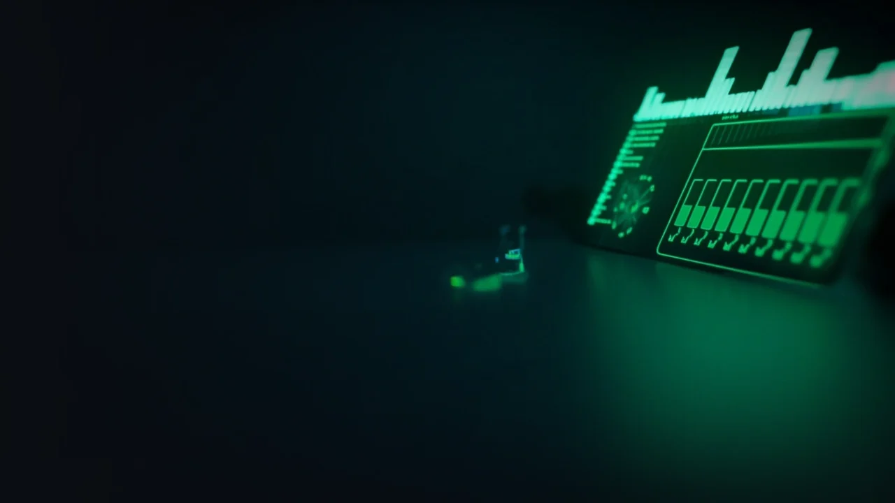 A dark desk with a glowing green scoreboard of blank slots and abstract bars representing crypto points programs.