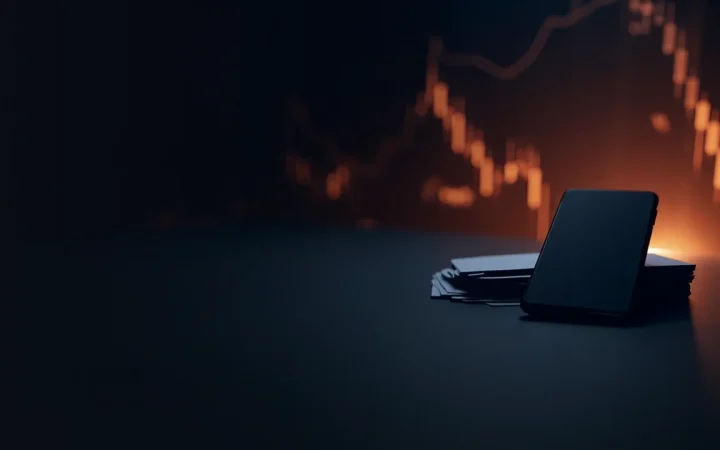 Et mørkt skrivebord med en tom telefon, tomme kort og et glødende orange diagram.