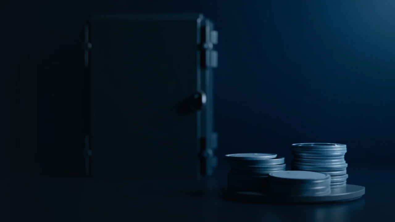 Una cámara acorazada oscura con una caja fuerte de acero, monedas metálicas en blanco y una placa de almacenamiento iluminada en azul.