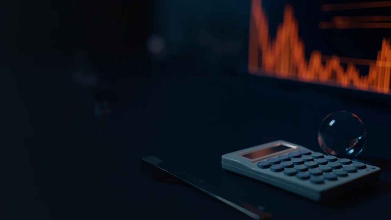 The on a dark navy background with glowing orange chart bars, a blank calculator, a crystal ball and a ruler.