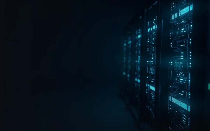 Rows of server racks and glowing blue data bars on a dark navy background.