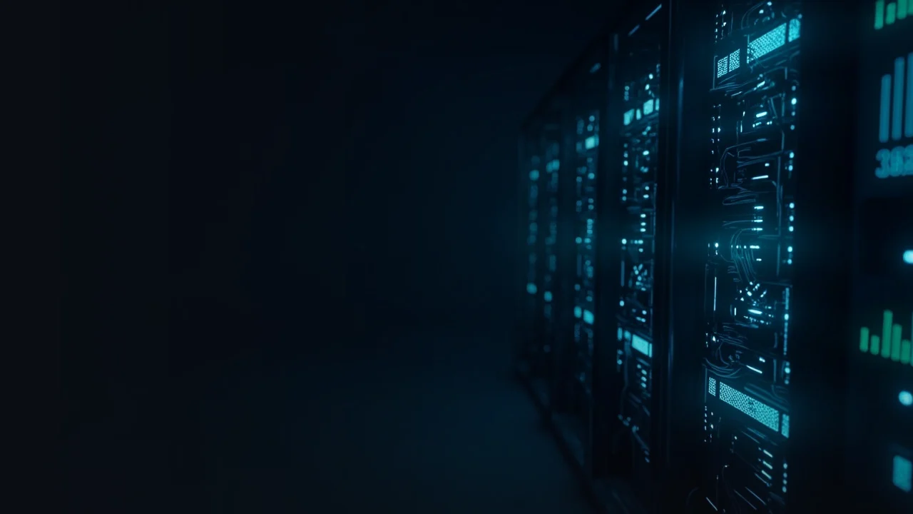 Rows of server racks and glowing blue data bars on a dark navy background.