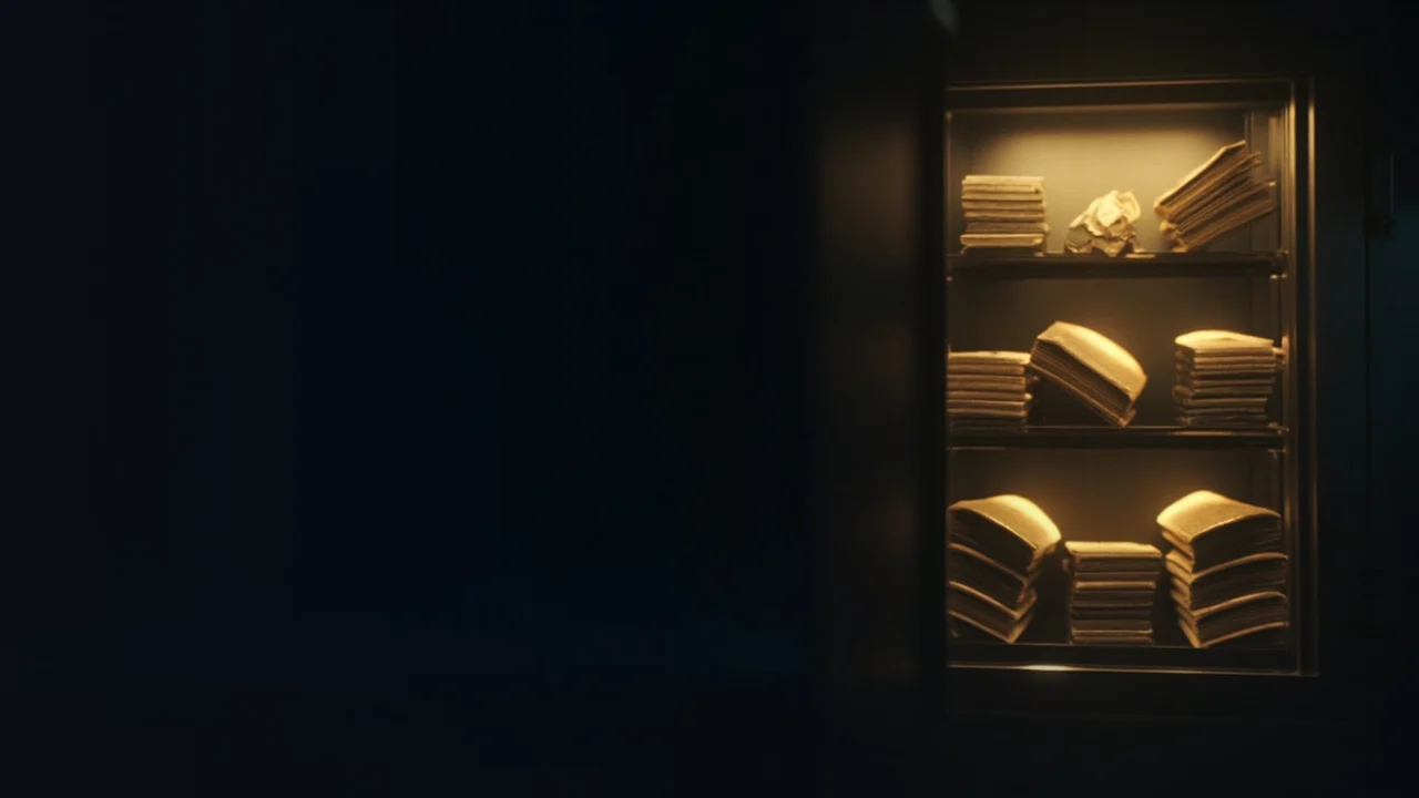 A dark vault with gold coins and blank banknote paper behind glass on the right, left side empty and dark.