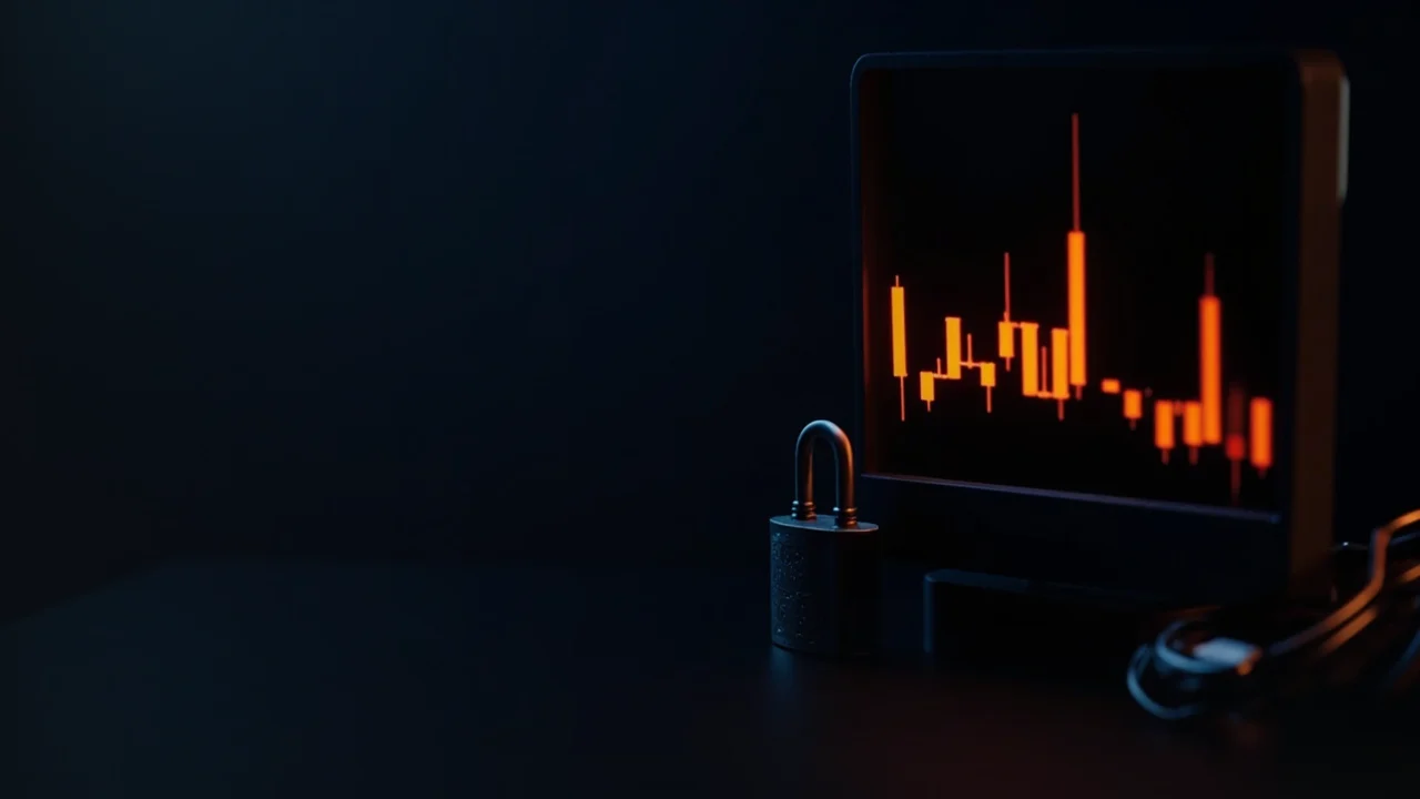 Et mørkt navyblåt tradingbord med et glødende orange candlestick-diagram og en hængelås.
