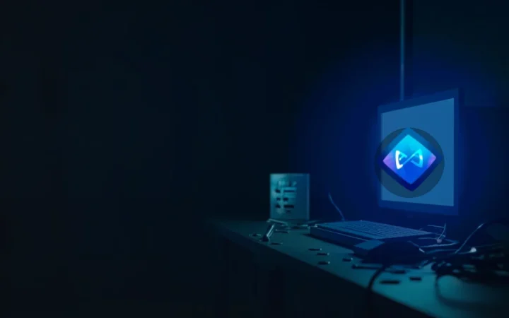 Axie Infinity-logo over en mørk marineblå baggrund med en glødende skærm, tomme tokens, kabler og en glasboks.