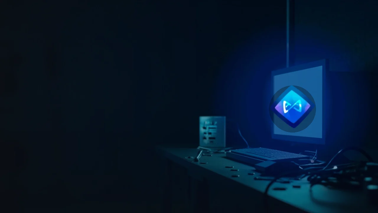 Axie Infinity-logo over en mørk marineblå baggrund med en glødende skærm, tomme tokens, kabler og en glasboks.