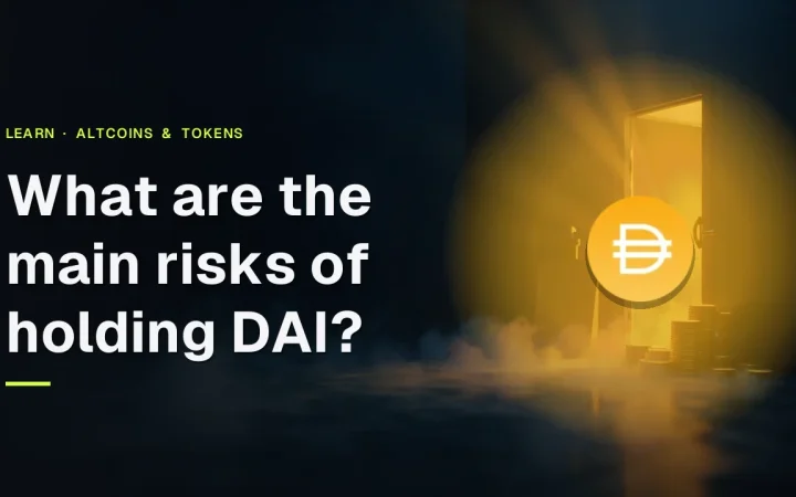 The title What are the main risks of holding DAI, the Dai logo, and a dark navy vault scene with gold coins and a glass shield.