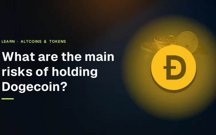 A dark navy background with glowing gold coins on the right and the Dogecoin title and logo on the left.