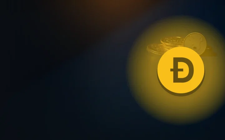 Dogecoin-logoen over en mørk marineblå bakgrunn med glødende gullmynter til høyre.
