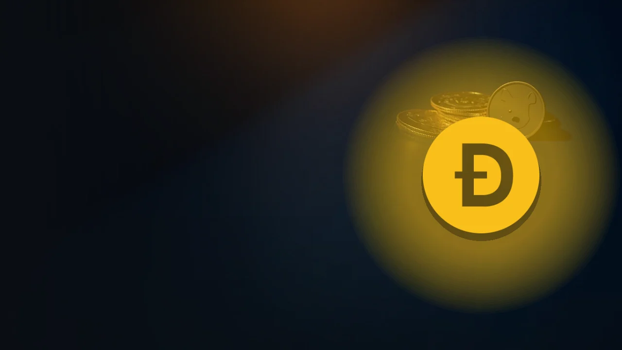 Dogecoin-logoet over en mørk navybaggrund med glødende guldmønter til højre.