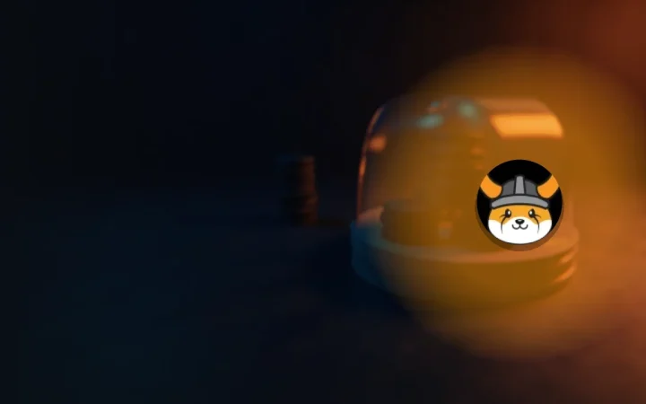 The FLOKI logo over a dark navy scene with blank coins and a glass case lit in orange.