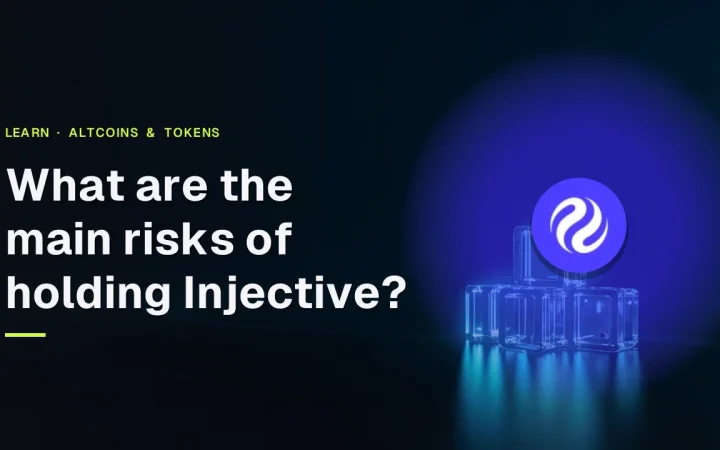 The title What are the main risks of holding Injective over a dark navy background with glass blocks joined by glowing blue lines.