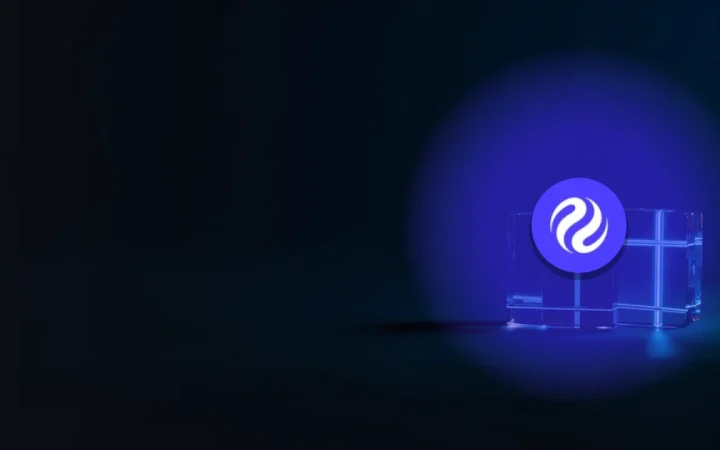 The Injective logo over a dark navy background with glass blocks joined by glowing blue lines.