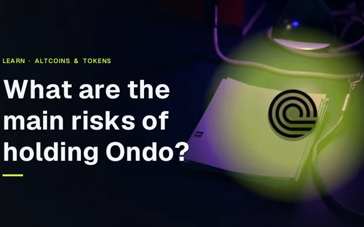 Titlen Hvad er de største risici ved at holde Ondo? og Ondo-logoet over tomme papircertifikater og et metal-token oplyst i violet og navyblå.