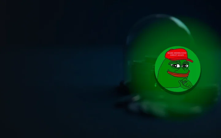 Pepe-logotypen över ett mörkt skrivbord med tomma myntstaplar och en glaskupol.
