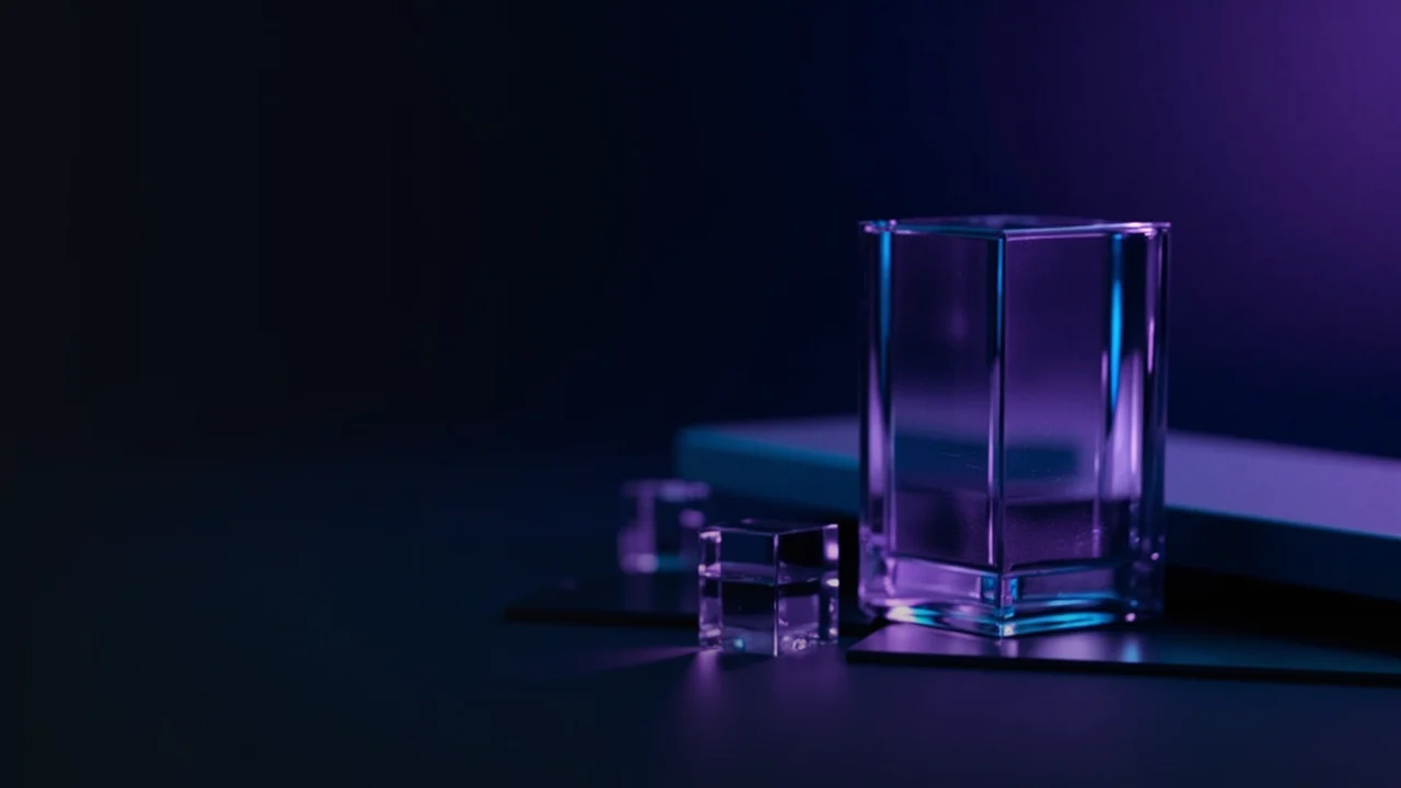 En mørk navy scene med en glødende violet glaskube og løse gennemsigtige kuber til højre.