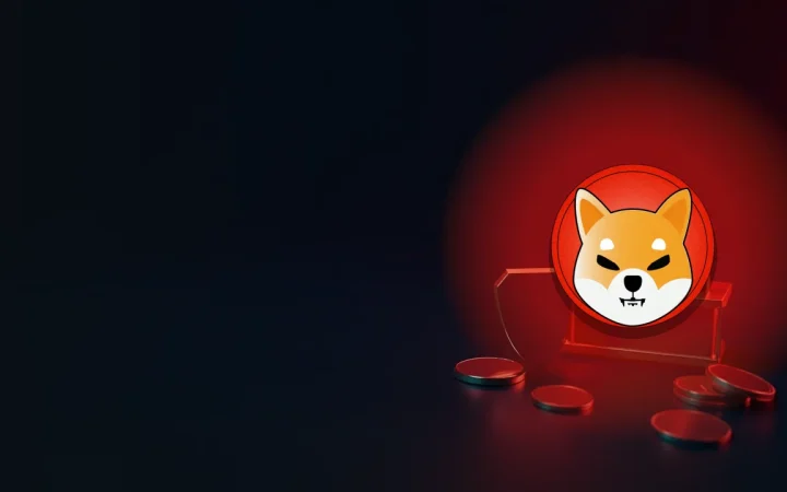 자물쇠, 방패, 빈 화면 지갑이 있는 어두운 장면 위의 Shiba Inu 로고.