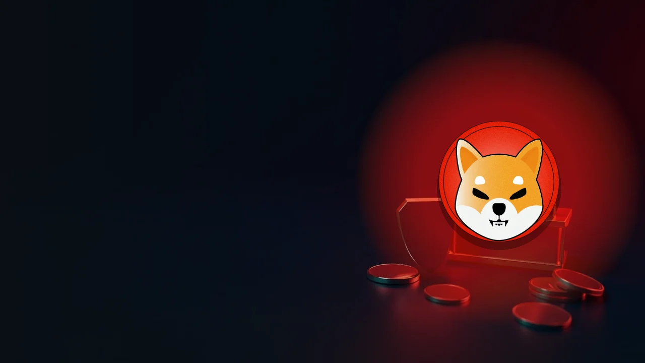 Das Shiba-Inu-Logo über einer dunklen Szene mit Vorhängeschloss, Schild und Wallet mit leerem Bildschirm.