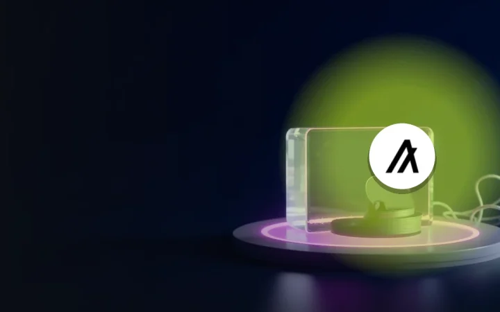 The Algorand logo over a dark navy scene of a glass block, blank discs and a small screen lit in violet.