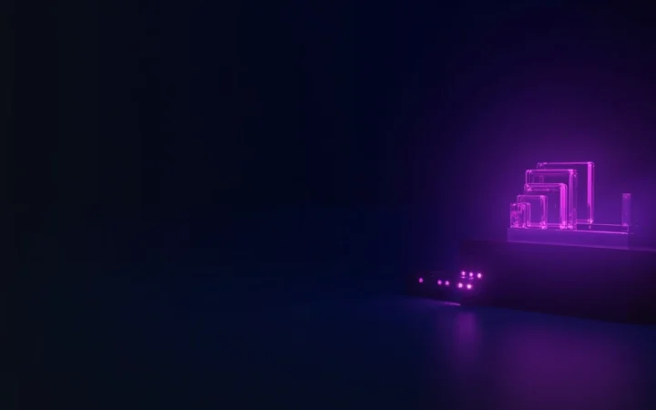 En mørk navy baggrund med glasblokke forbundet af violet lys og en router, der repræsenterer Aptos-risiko.