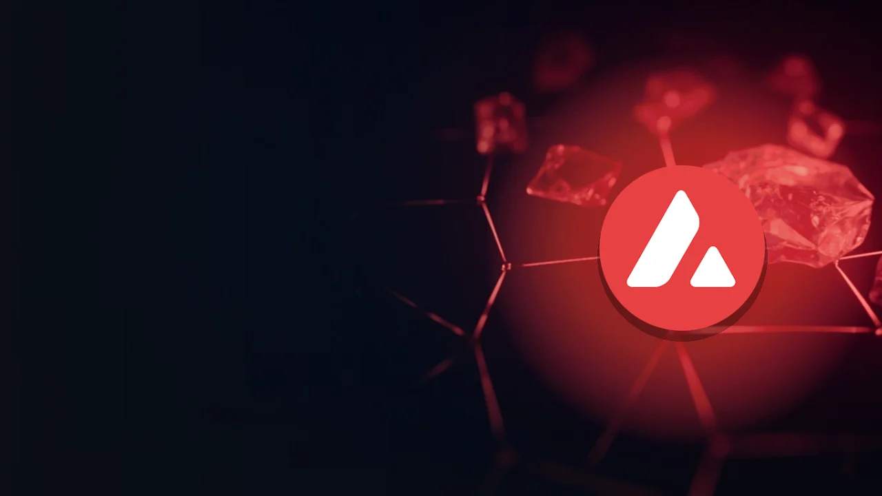 The Avalanche logo over a dark navy background of glowing red hexagonal blocks and light lines.