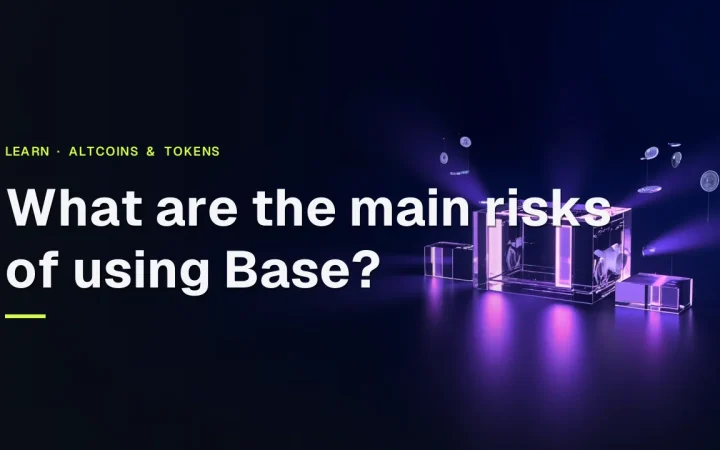 The title What are the main risks of using Base over a dark navy background with glowing violet glass blocks and a vault.