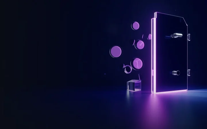 En mørk navyblå baggrund med glødende violette glasblokke og et pengeskab.