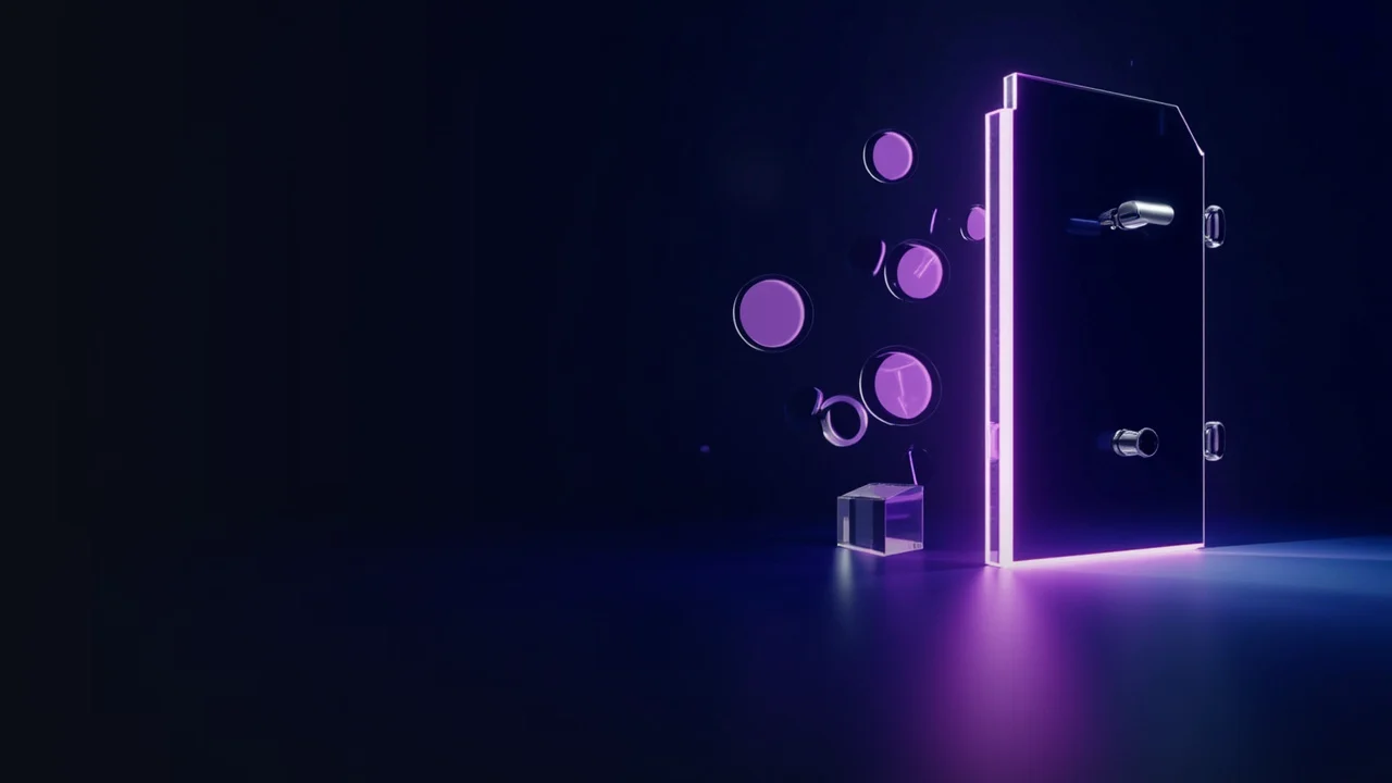 En mørk navyblå baggrund med glødende violette glasblokke og et pengeskab.