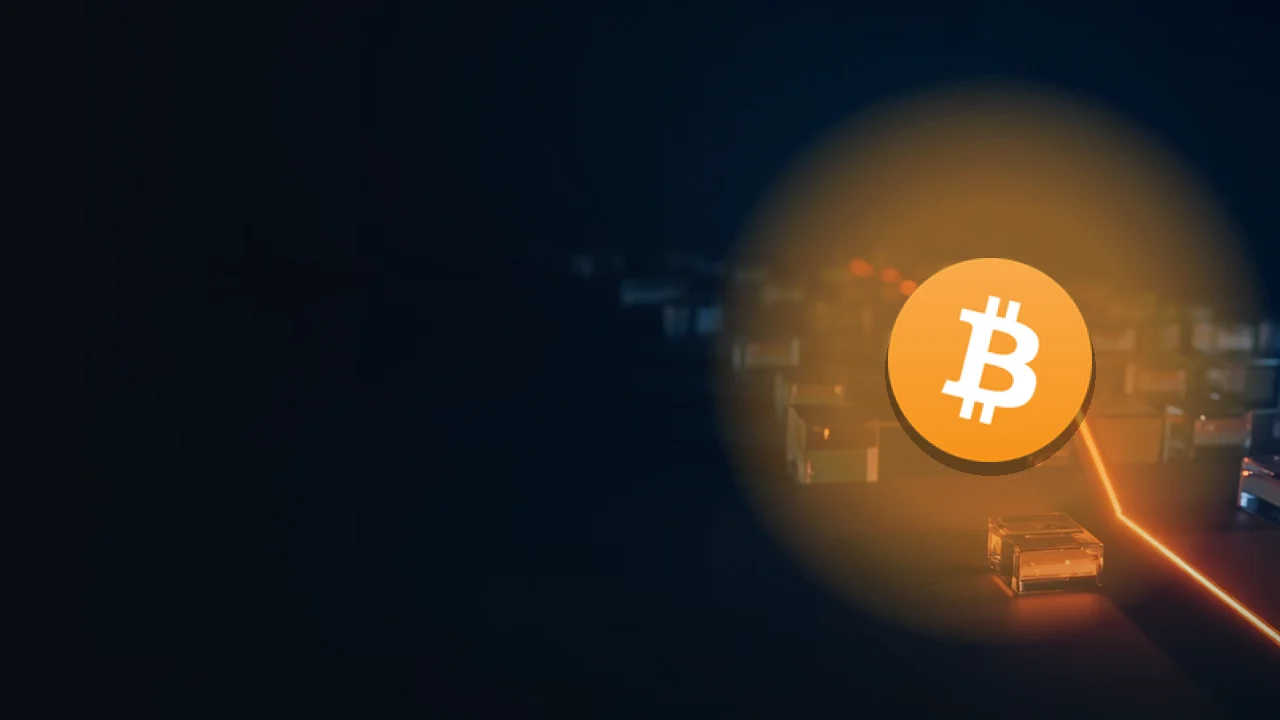 The Bitcoin logo over a dark navy background of glowing glass blocks joined by orange light lines.
