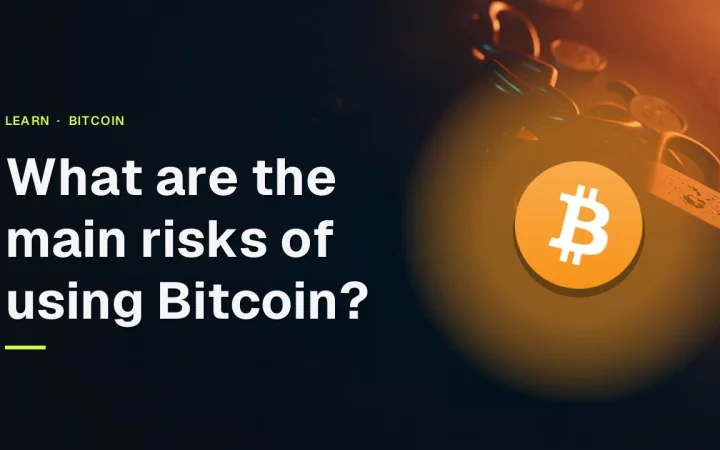 Bitcoin risks guide title with the Bitcoin logo over a dark navy background of glowing orange coins, a broken chain and a cracked padlock.