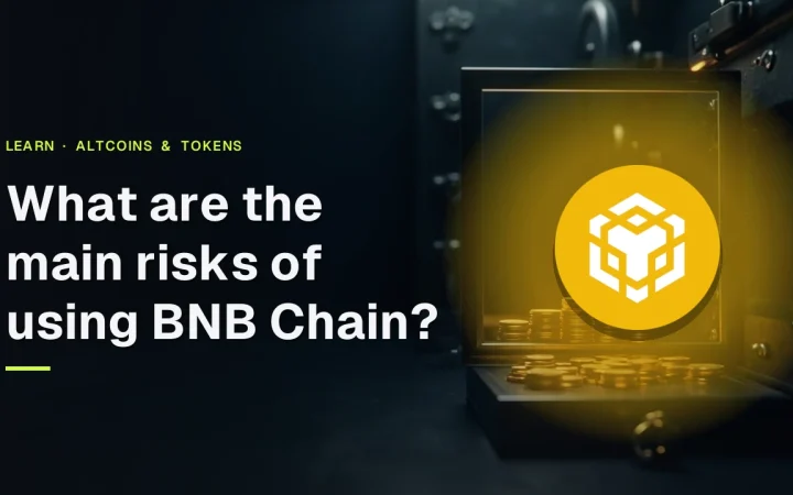 The title What are the main risks of using BNB Chain? with the BNB logo over stacks of blank coins and a padlock in gold light on dark navy.