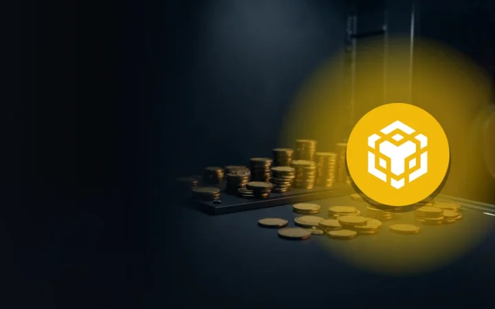 The BNB logo over stacks of blank coins and a padlock in gold light on dark navy.