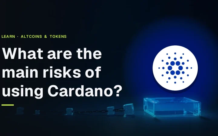 Cardano guide cover with the ADA logo over a dark navy background and a glowing blue glass block on the right