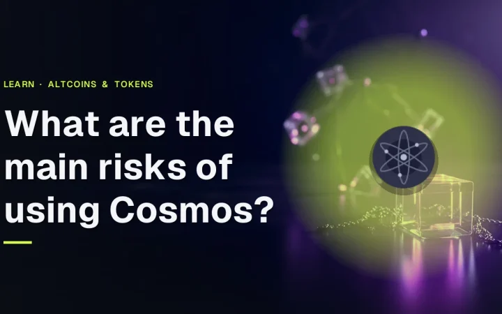 The title What are the main risks of using Cosmos? and the Cosmos logo over dark glass blocks joined by violet light.
