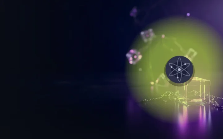 The Cosmos logo over dark glass blocks joined by violet light.