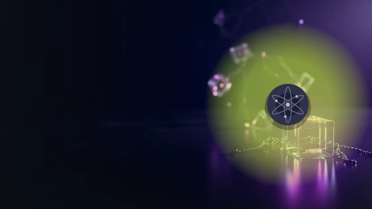 Le logo Cosmos sur des blocs de verre sombre reliés par une lumière violette.