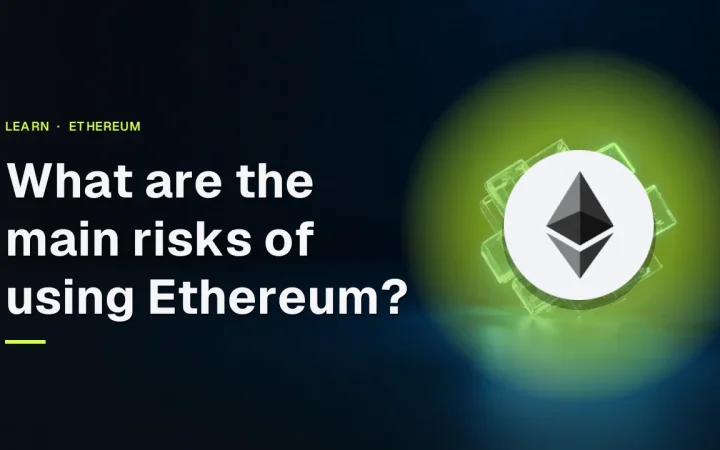 The Ethereum risks guide title and logo over a dark navy background with glowing blue glass cubes joined by light threads