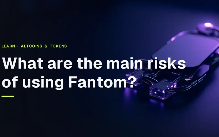 Titlen 'Hvad er de største risici ved at bruge Fantom?' over en mørk marineblå baggrund med glødende violette glasblokke og en hardware-wallet.
