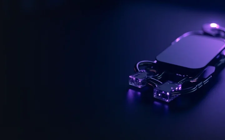 A dark navy background with glowing violet glass blocks and a hardware wallet.