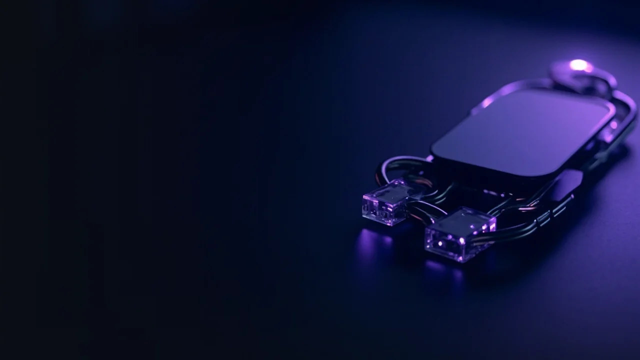 A dark navy background with glowing violet glass blocks and a hardware wallet.