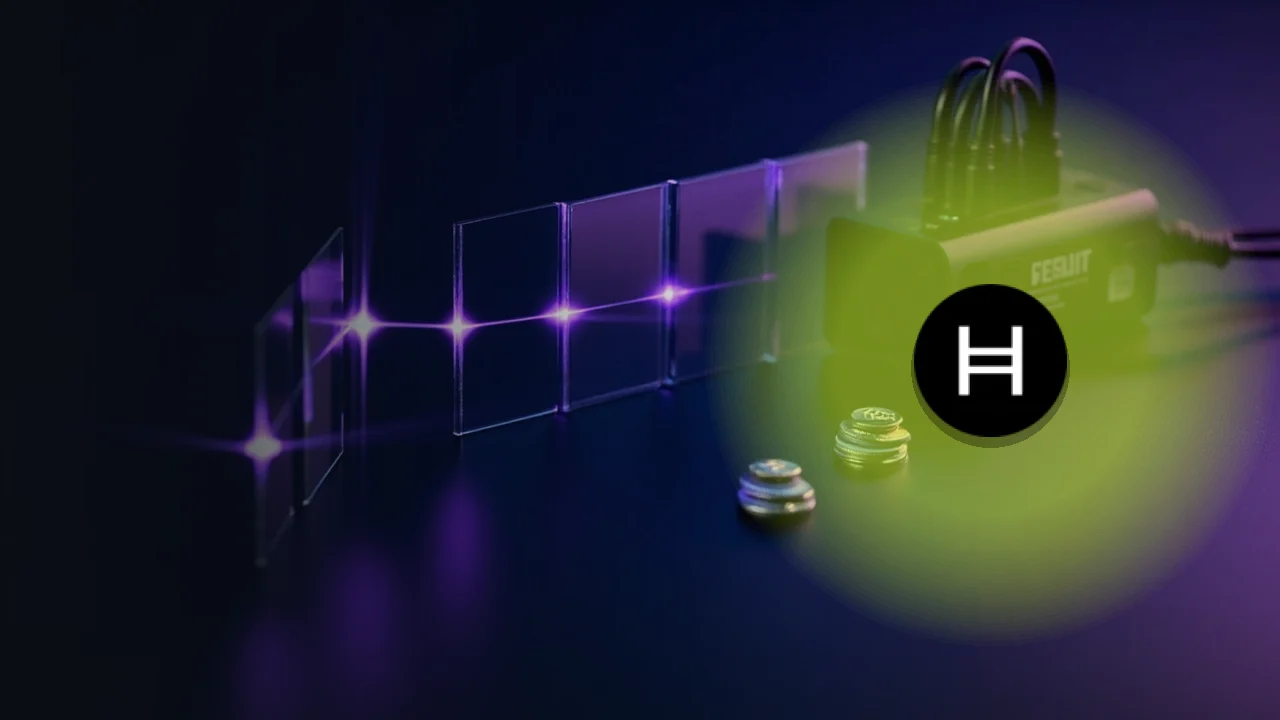 The Hedera logo over a dark navy scene of glass blocks linked by violet light lines and unmarked metal tokens.