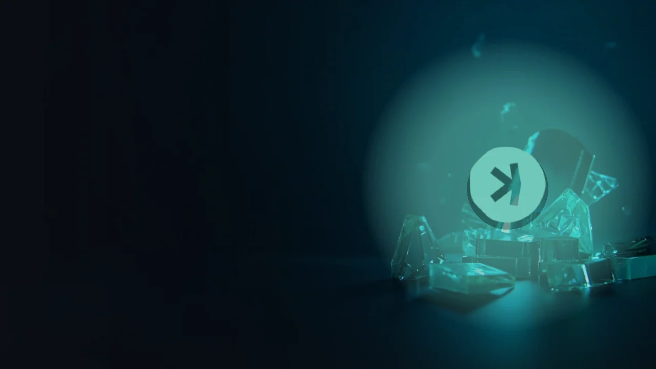 The Kaspa logo over a dark navy background with glowing teal glass shards on the right.