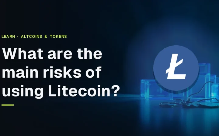 Titlen Hvad er de største risici ved at bruge Litecoin? med Litecoin-logoet over glødende blå glasblokke forbundet af lys på en mørk marineblå baggrund.