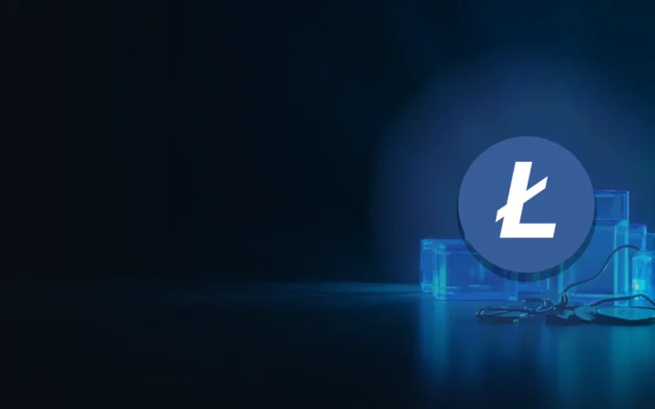 The Litecoin logo over glowing blue glass blocks joined by light on a dark navy background.