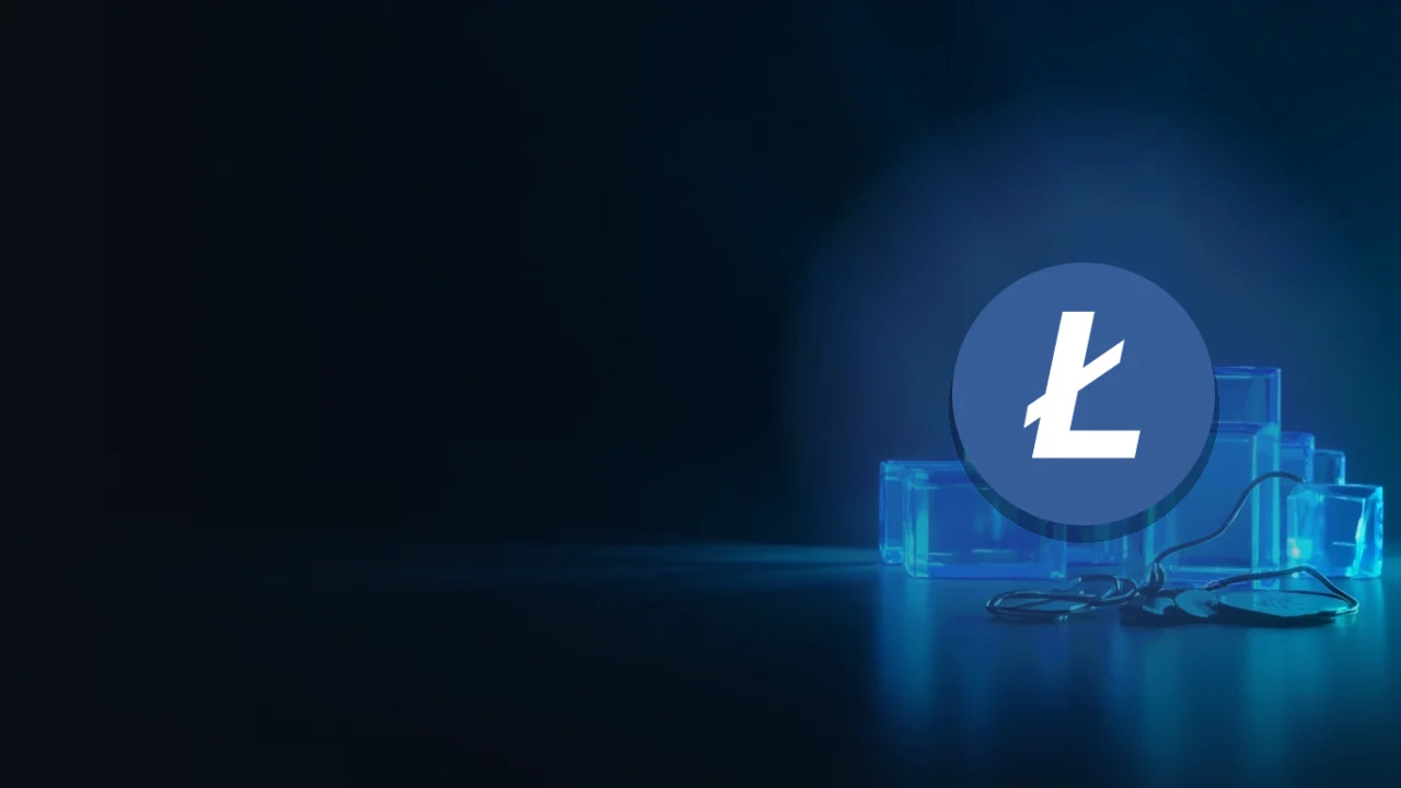 The Litecoin logo over glowing blue glass blocks joined by light on a dark navy background.
