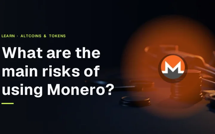 Monero-risikoguideforside med Monero-logoet og titlen over mørke metalmønter, en stålplade og en hængelås oplyst i orange