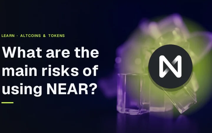 The title What are the main risks of using NEAR? and the NEAR logo over a dark navy background with glowing violet glass shards and blocks.