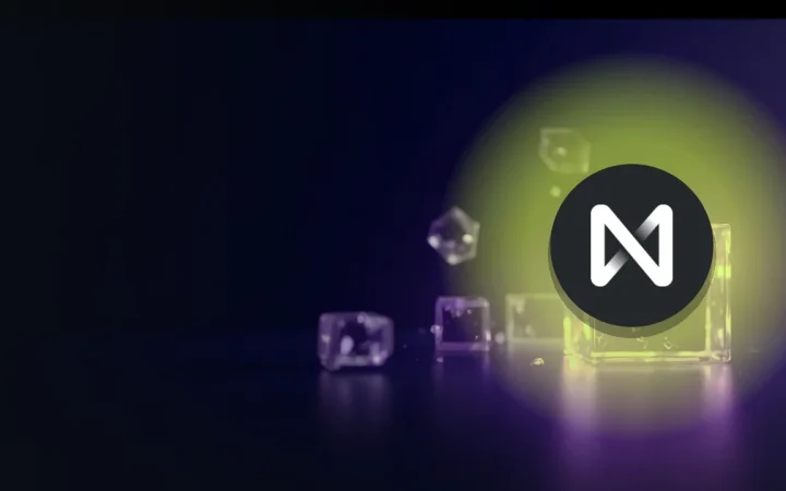 The NEAR Protocol logo over a dark navy background with glowing violet glass shards and blocks.