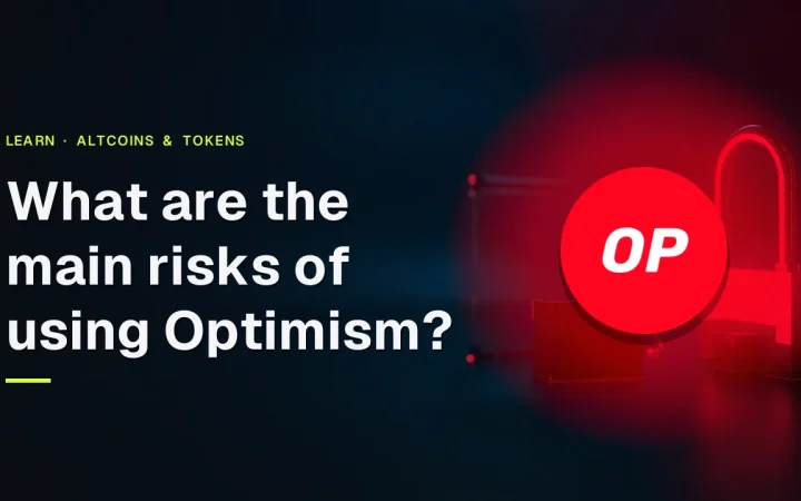 De titel Wat zijn de belangrijkste risico's van het gebruik van Optimism met het Optimism-logo boven een donkerblauwe achtergrond met een hangslot, portemonnee en glazen brug.